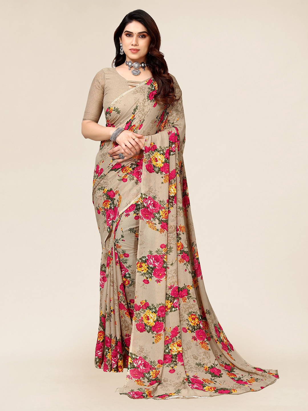 

KALINI Floral Pure Georgette Saree With Blouse Piece, Beige