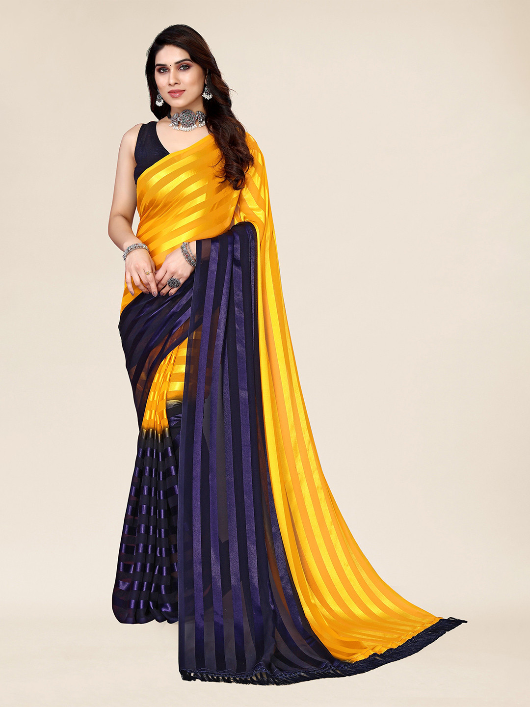 

ANAND SAREES Striped Satin Saree With Blouse Piece, Navy blue