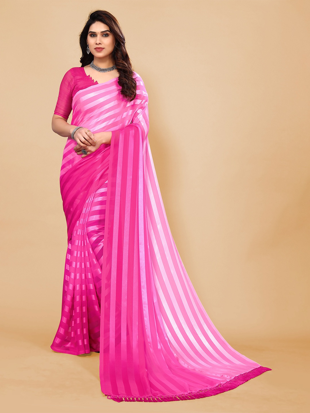 

ANAND SAREES Striped Satin Saree With Blouse Piece, Pink