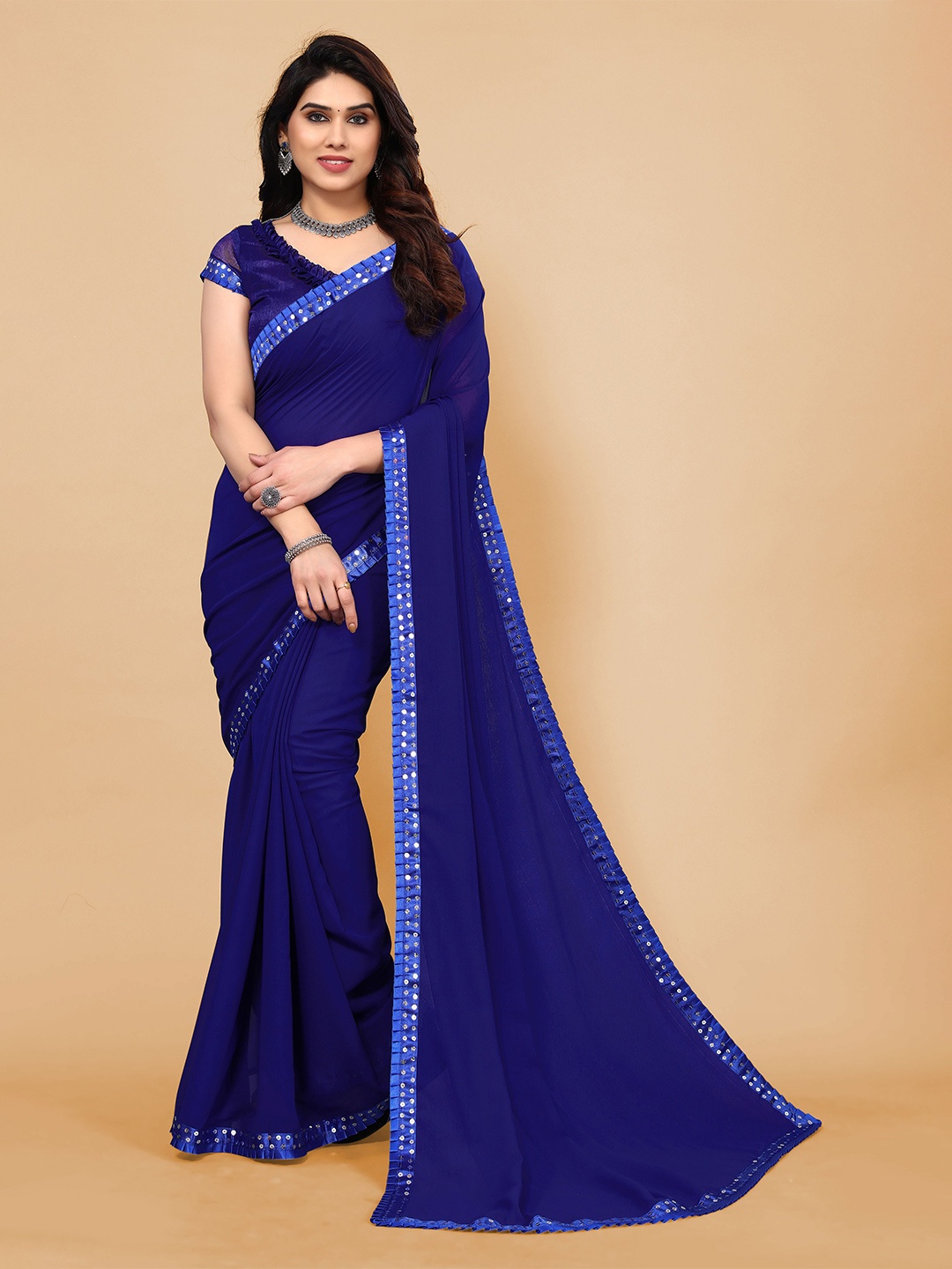 

KALINI Embellished Sequinned Pure Georgette Saree With Blouse Piece, Blue