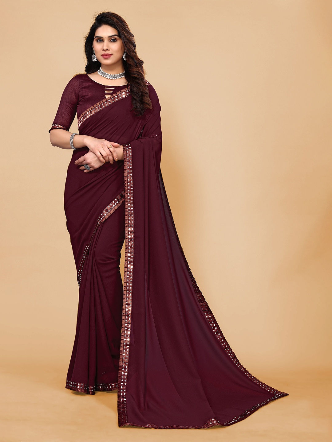 

KALINI Sequinned Pure Georgette Saree, Maroon