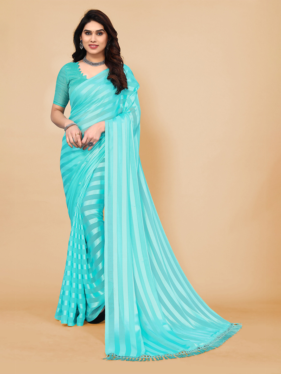 

ANAND SAREES Striped Satin Saree, Blue