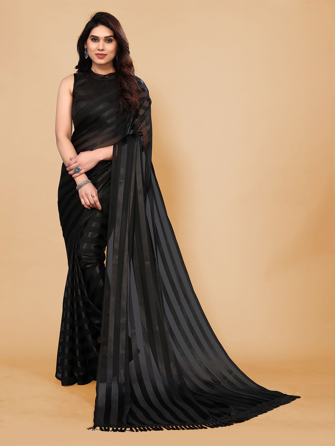 

ANAND SAREES Striped Satin Saree, Black