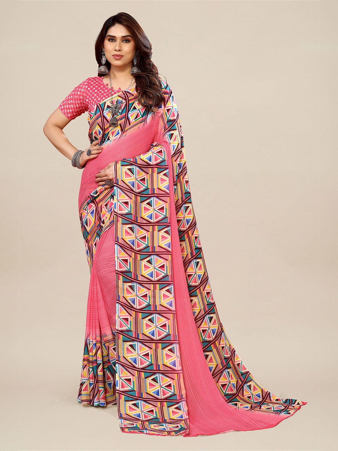 

Moda Rapido Striped Pure Georgette Saree, Pink