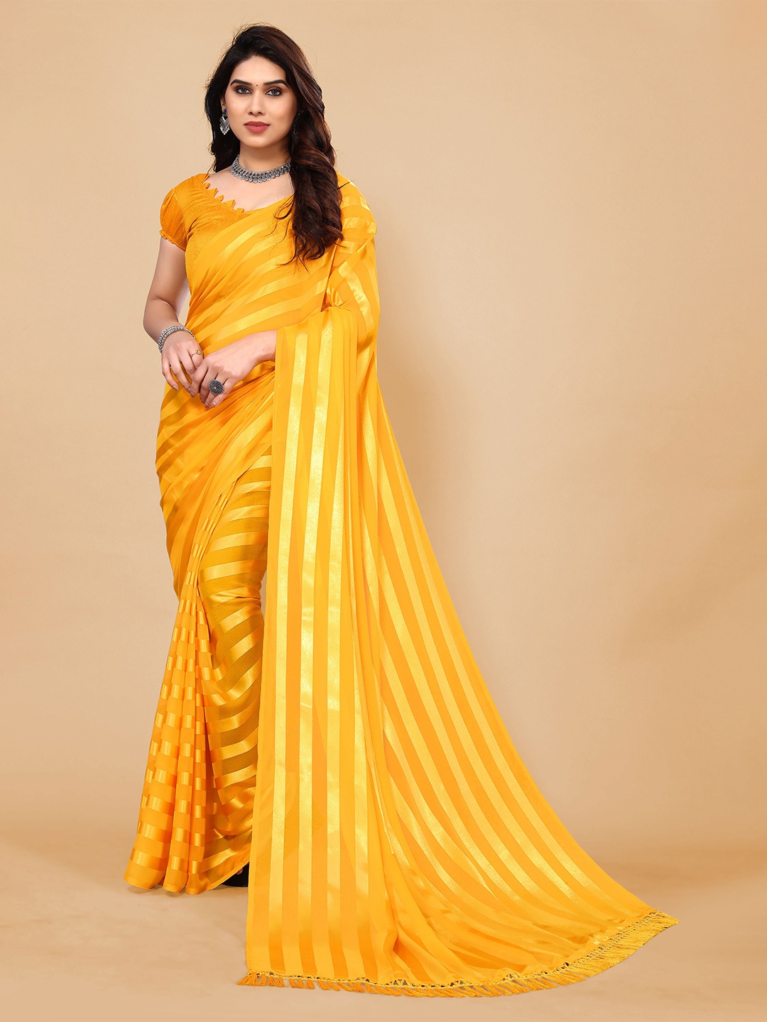 

ANAND SAREES Striped Festive Satin Saree, Yellow