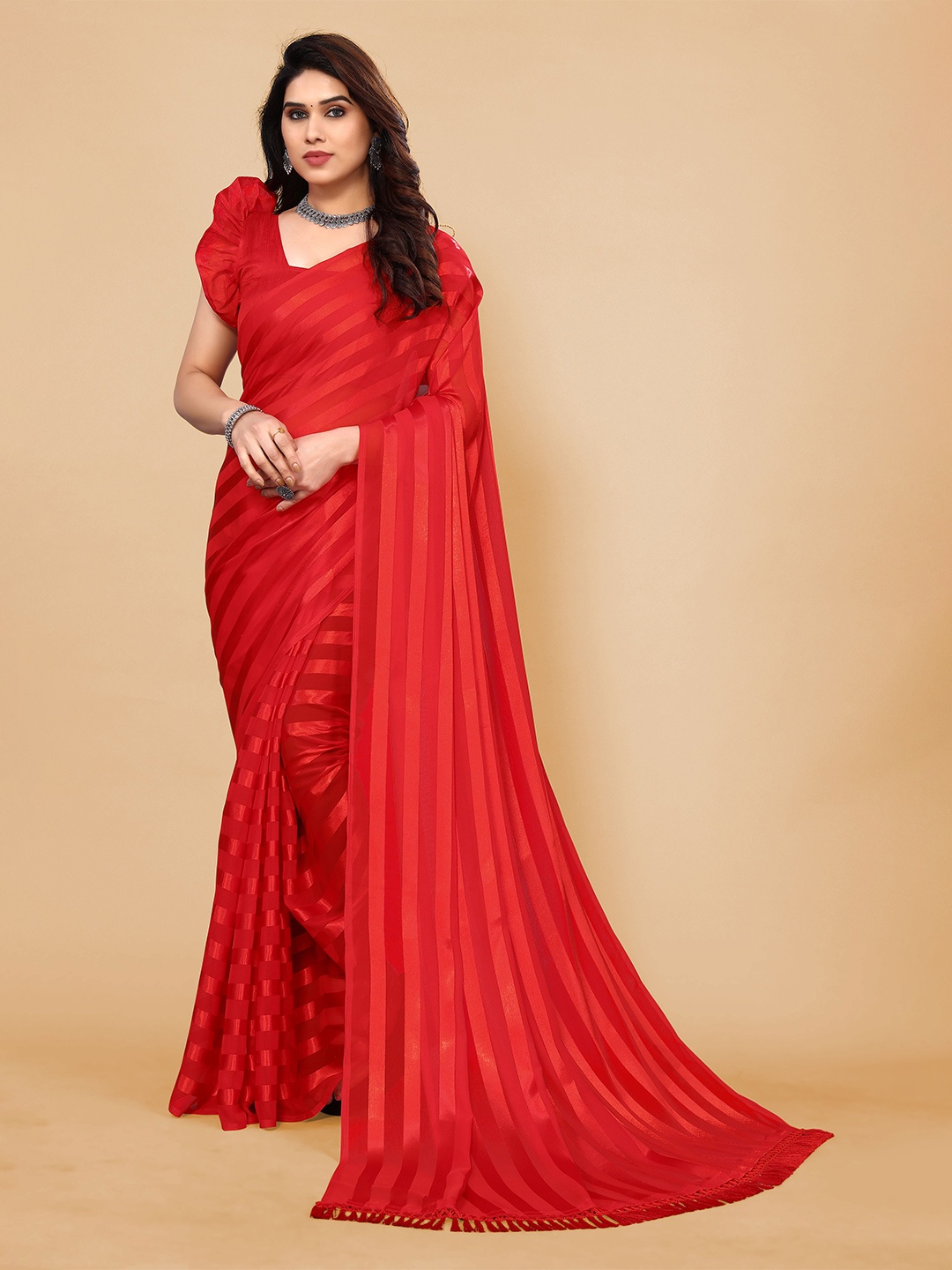 

ANAND SAREES Striped Festive Satin Saree, Red