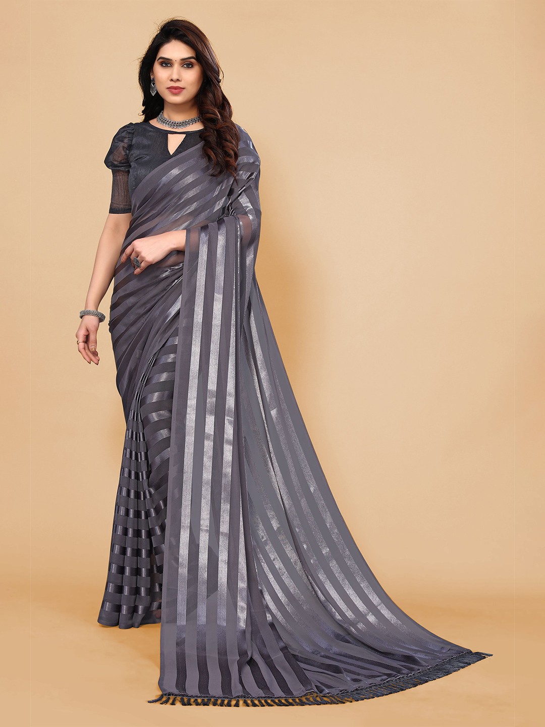 

ANAND SAREES Striped Festive Satin Saree, Grey
