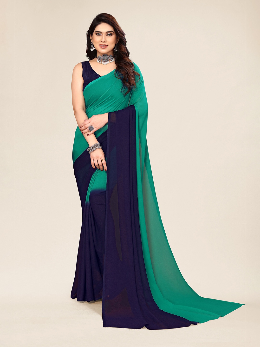 

KALINI Half & Half Pure Georgette Saree, Green