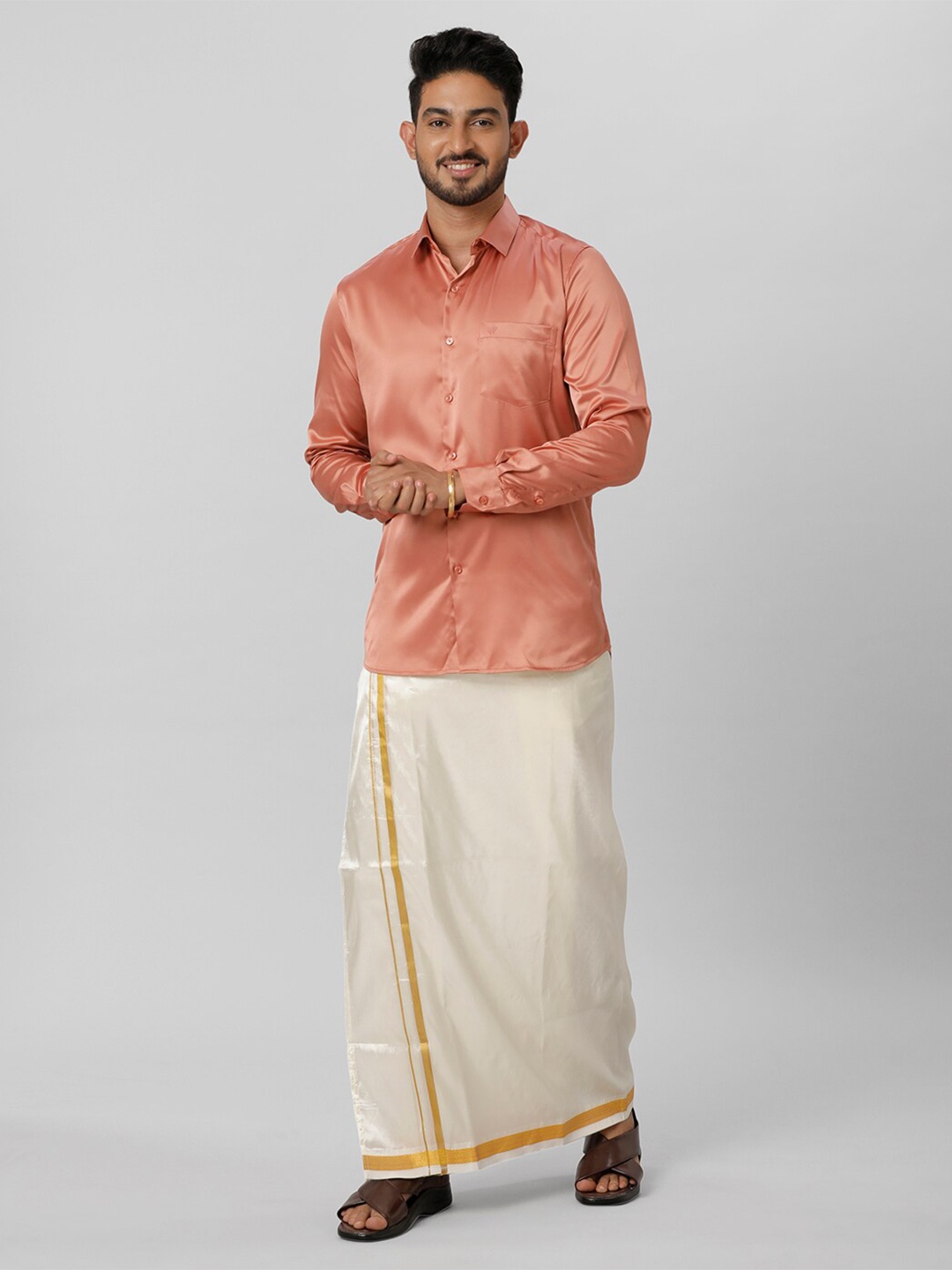 

Ramraj Shirt Half Sleeves With Double Dhoti, Peach