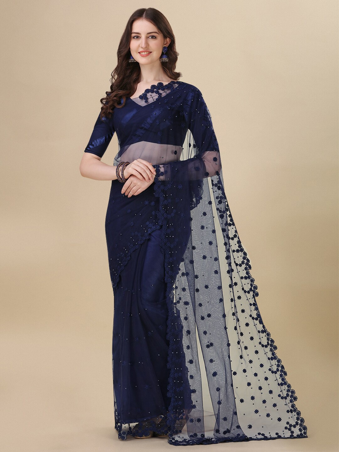 

Fashion Basket Ethnic Motifs Embroidered Net Saree, Blue