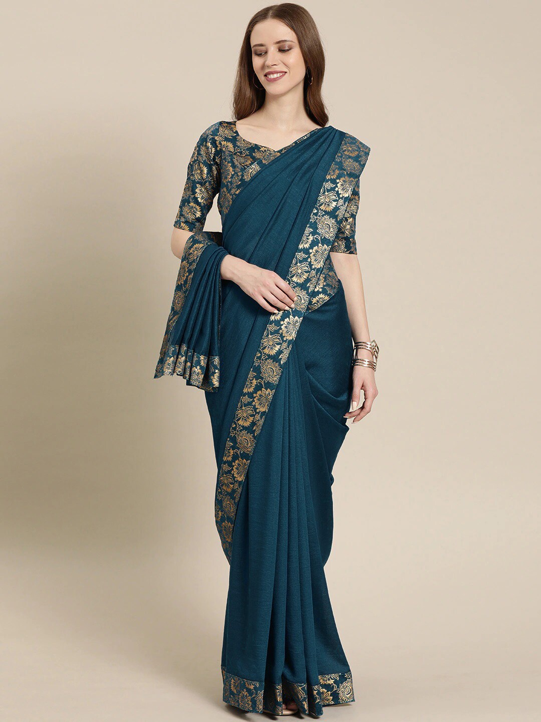 

Fashion Basket Ethnic Motifs Printed Border Saree, Blue