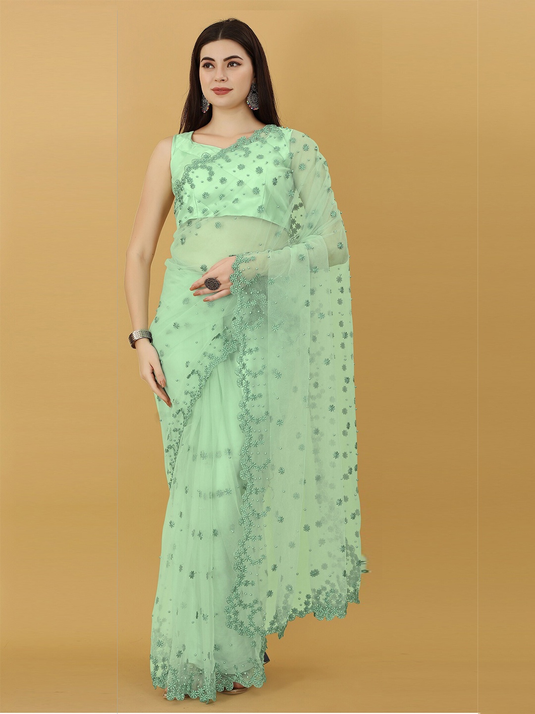 

Fashion Basket Ethnic Motifs Embroidered Net Saree, Green