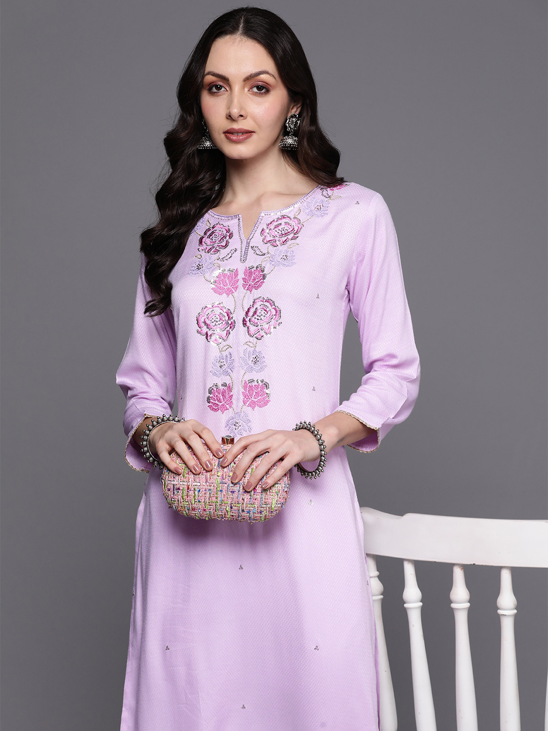 

Indo Era Floral Yoke Design Thread Work Floral Dobby Kurta, Lavender
