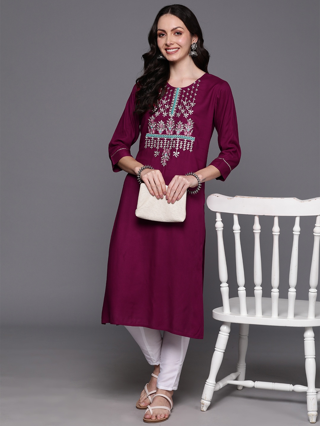

Indo Era Ethnic Motifs Yoke Design Thread Work Floral Kurta, Burgundy