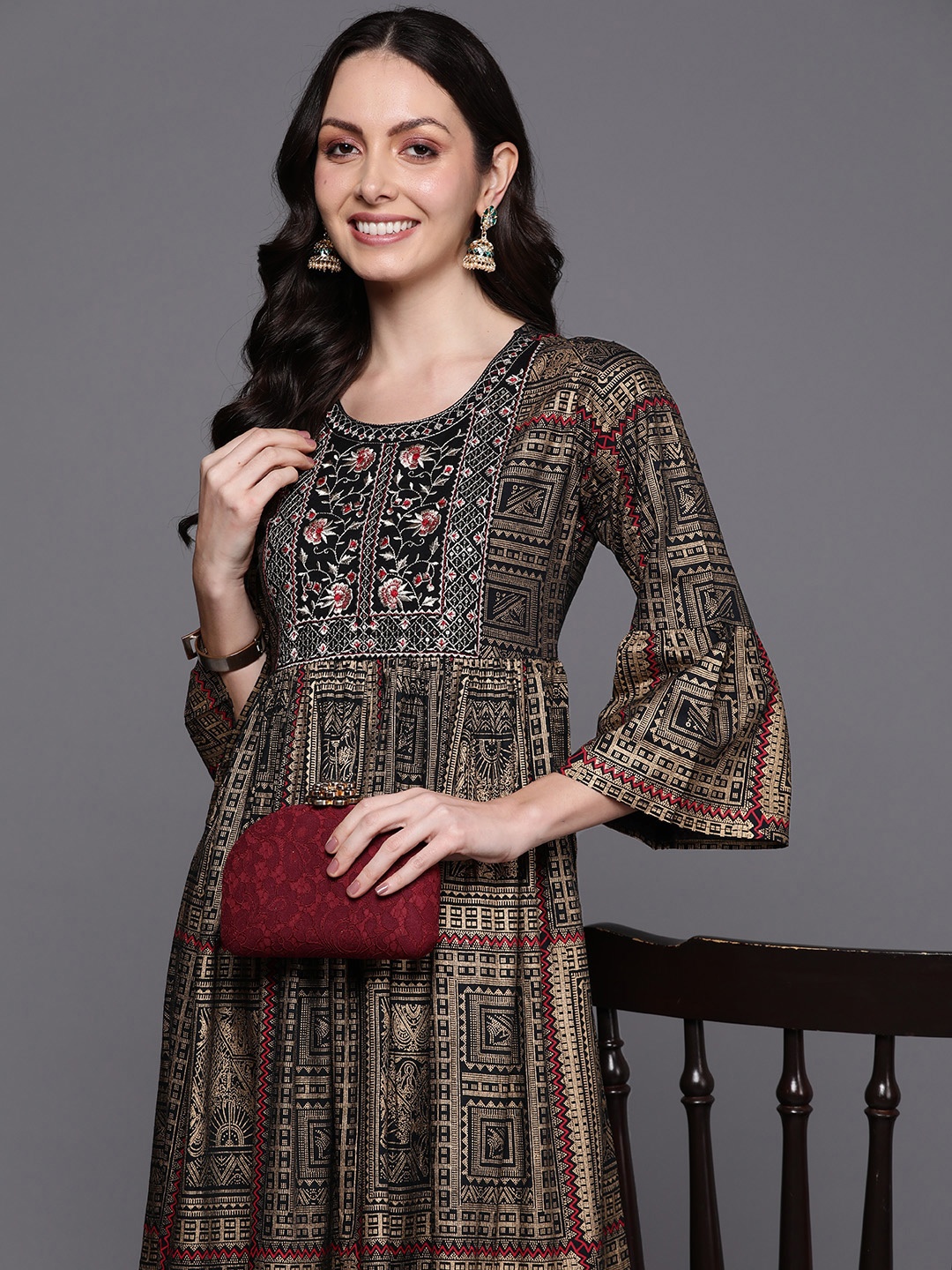 

Indo Era Embroidered Bell Sleeve A-Line Midi Dress, Black
