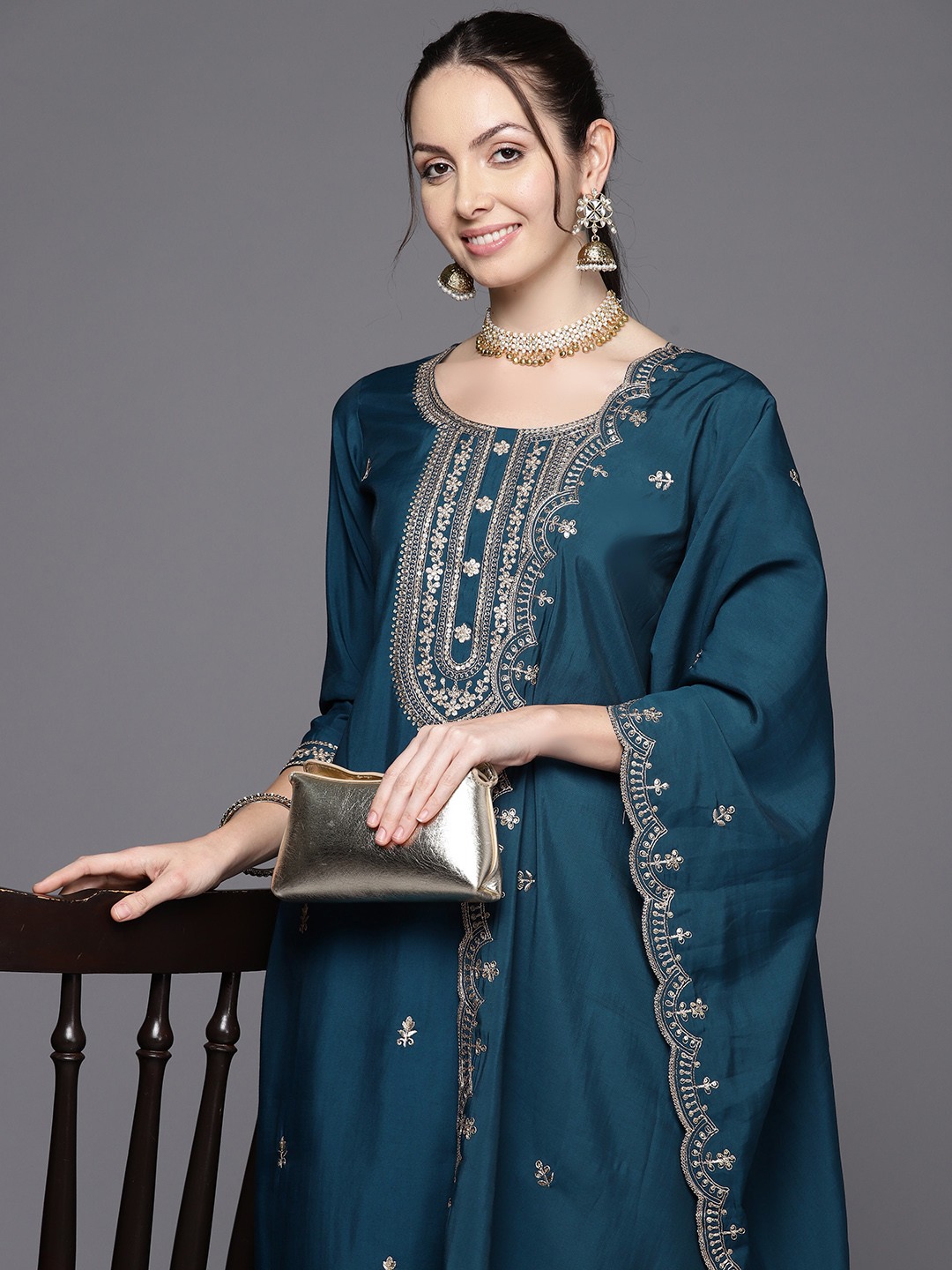 

Indo Era Ethnic Motifs Embroidered Sequinned Kurta with Trousers & Dupatta, Teal