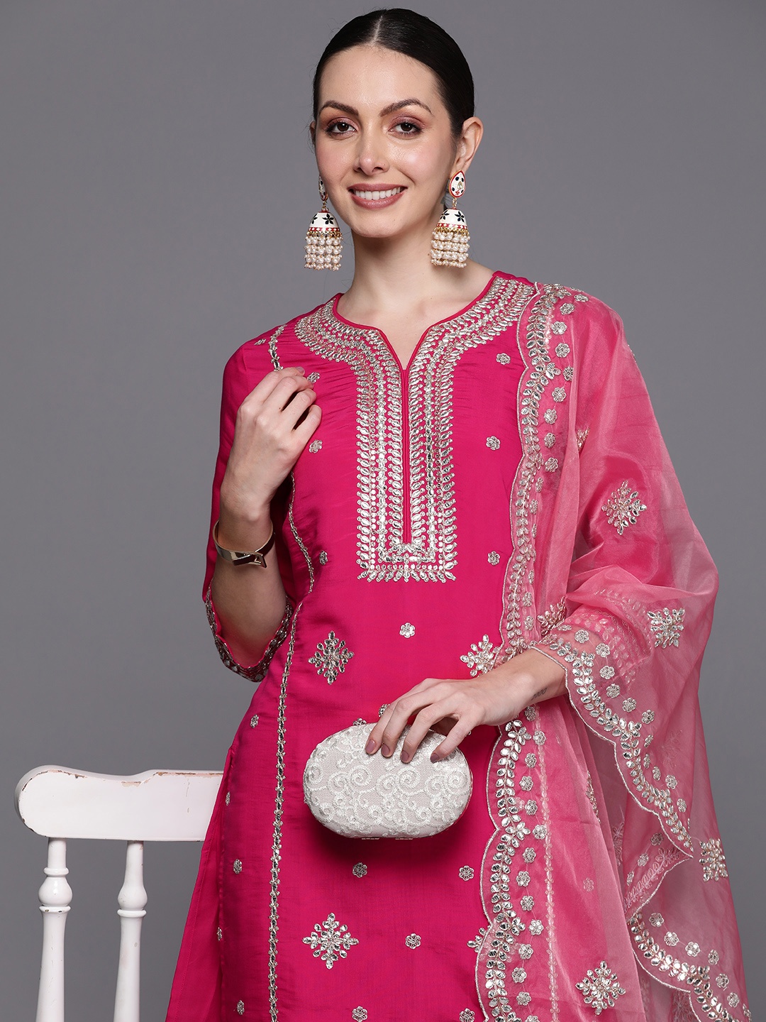 

Indo Era Ethnic Motifs Embroidered Panelled Gotta Patti Kurta with Trousers & With Dupatta, Pink