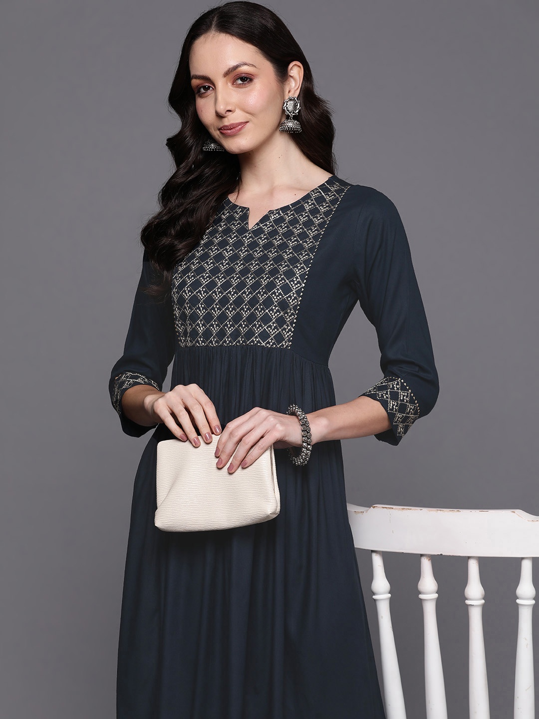 

Indo Era Embroidered A-Line Midi Dress, Navy blue