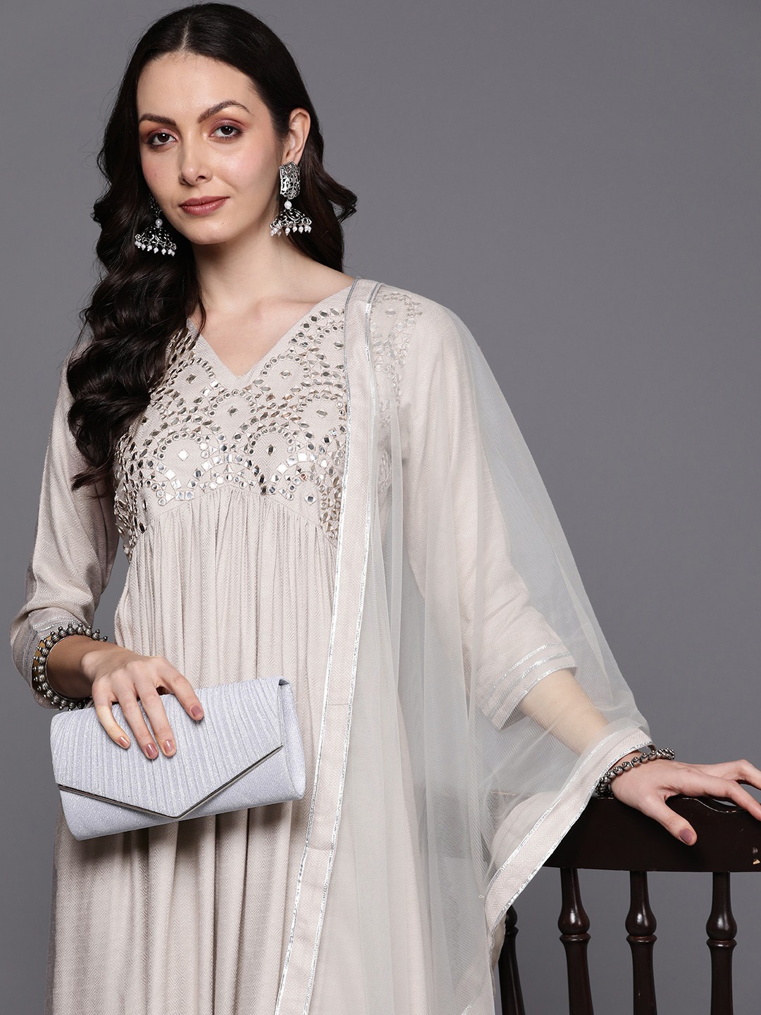 

Indo Era Yoke Design Empire Mirror Work Kurta with Trousers & With Dupatta, Off white