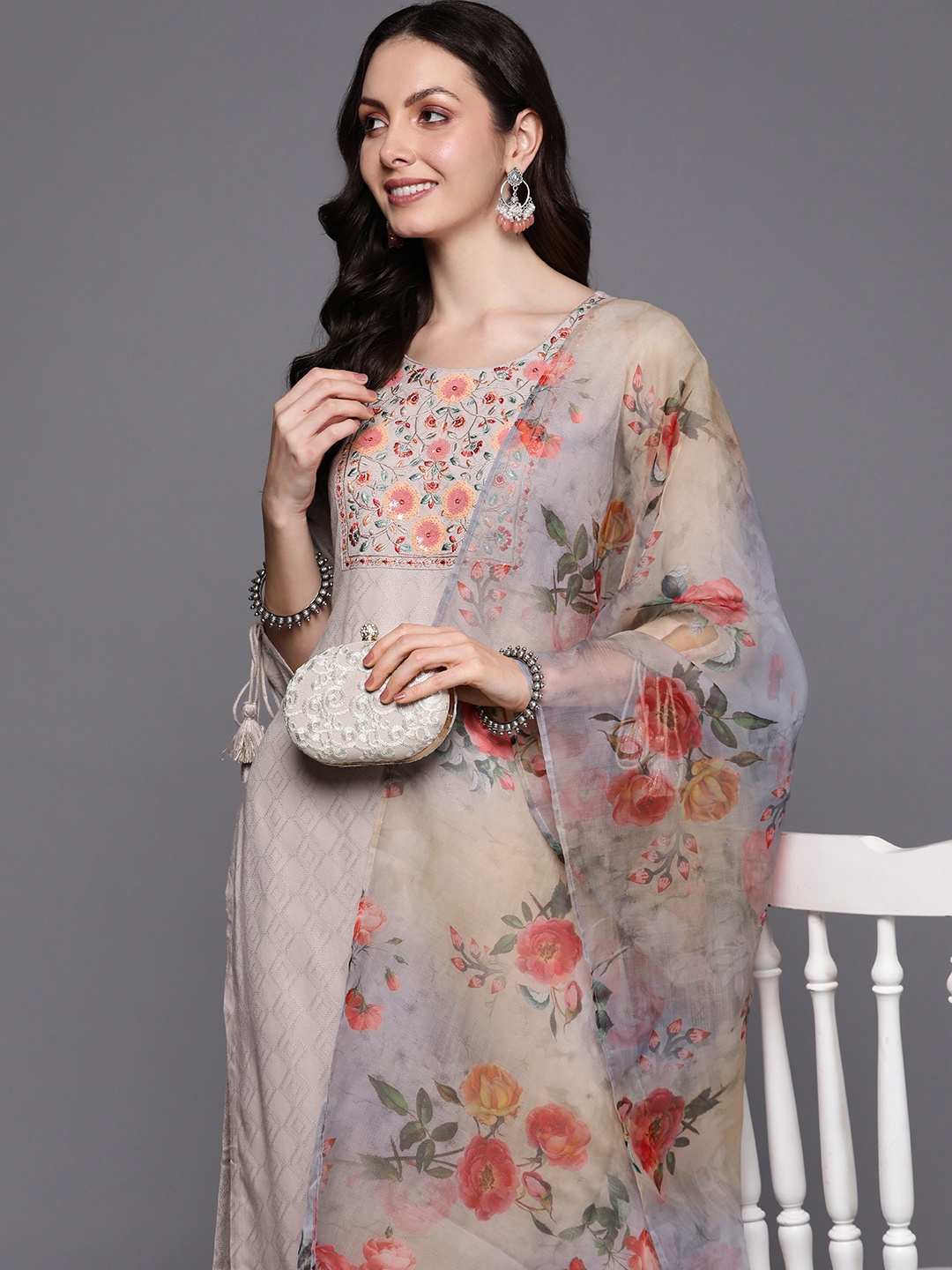 

Indo Era Floral Embroidered Regular Sequinned Kurta with Trousers & With Dupatta, Taupe