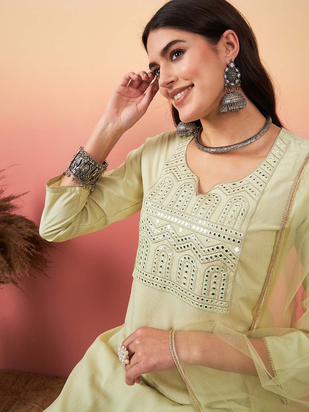 

Indo Era Embroidered Regular Mirror Work Kurta with Trousers & With Dupatta, Green