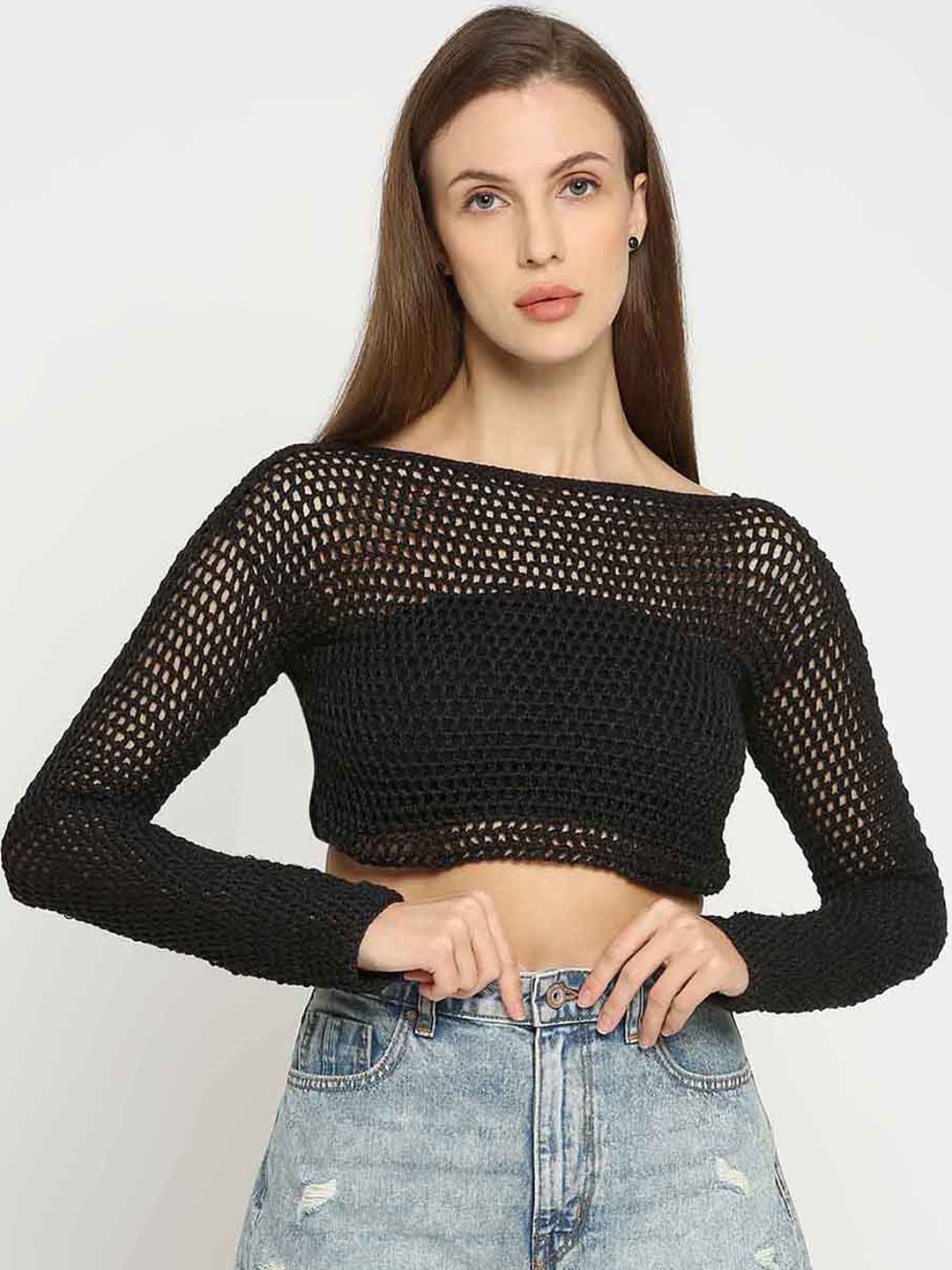 

Smarty Pants Women Crochet Swim Cover Up Top, Black