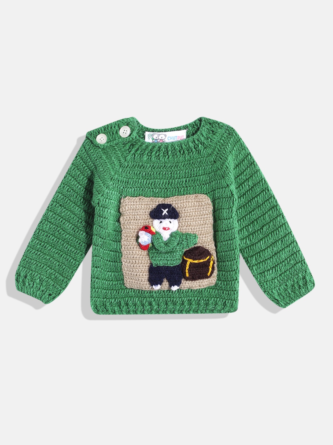 

CHUTPUT Kids Conversational Crochet Woollen Pullover, Green