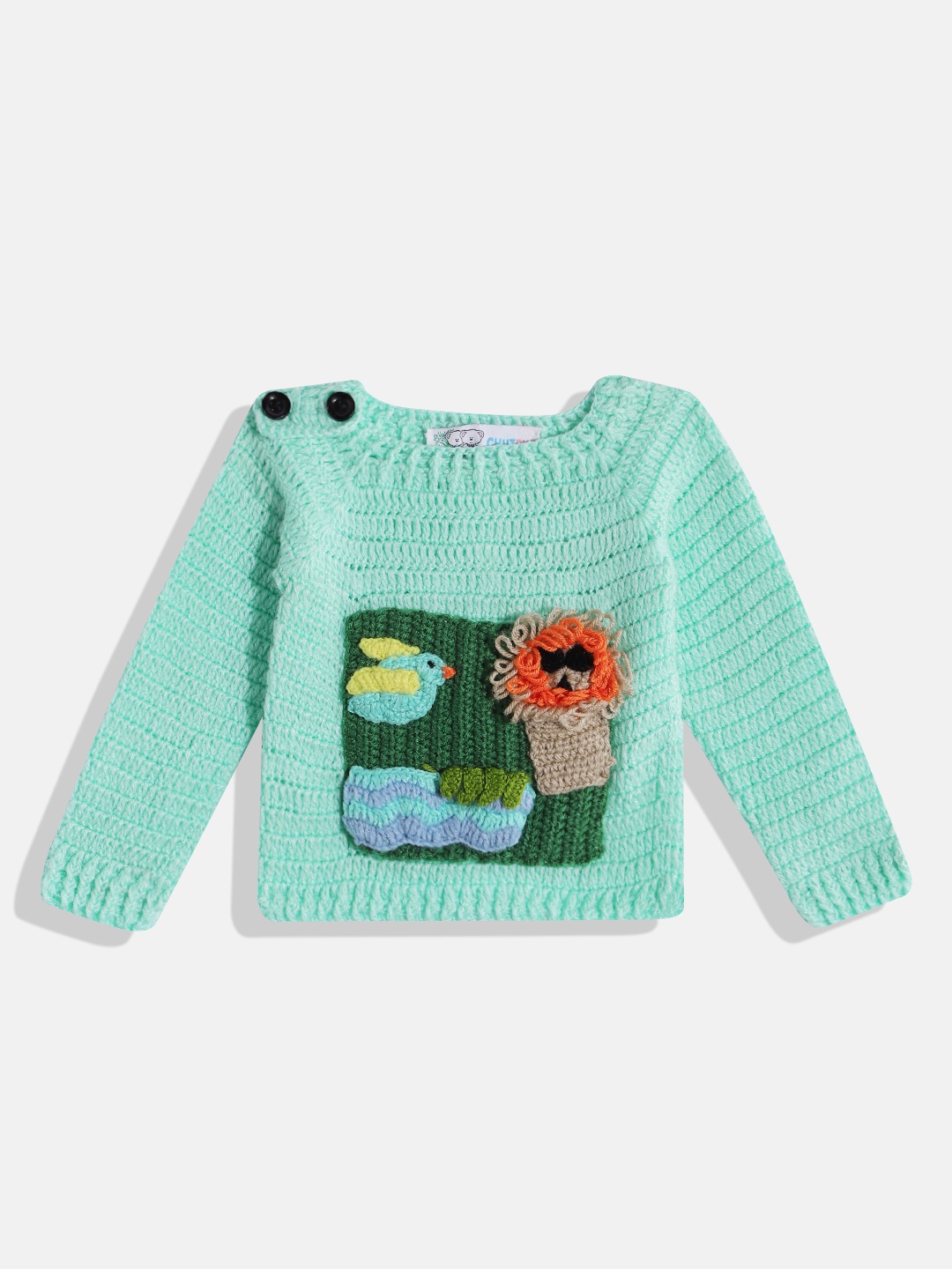 

CHUTPUT Kids Conversational Crochet Woollen Pullover, Sea green