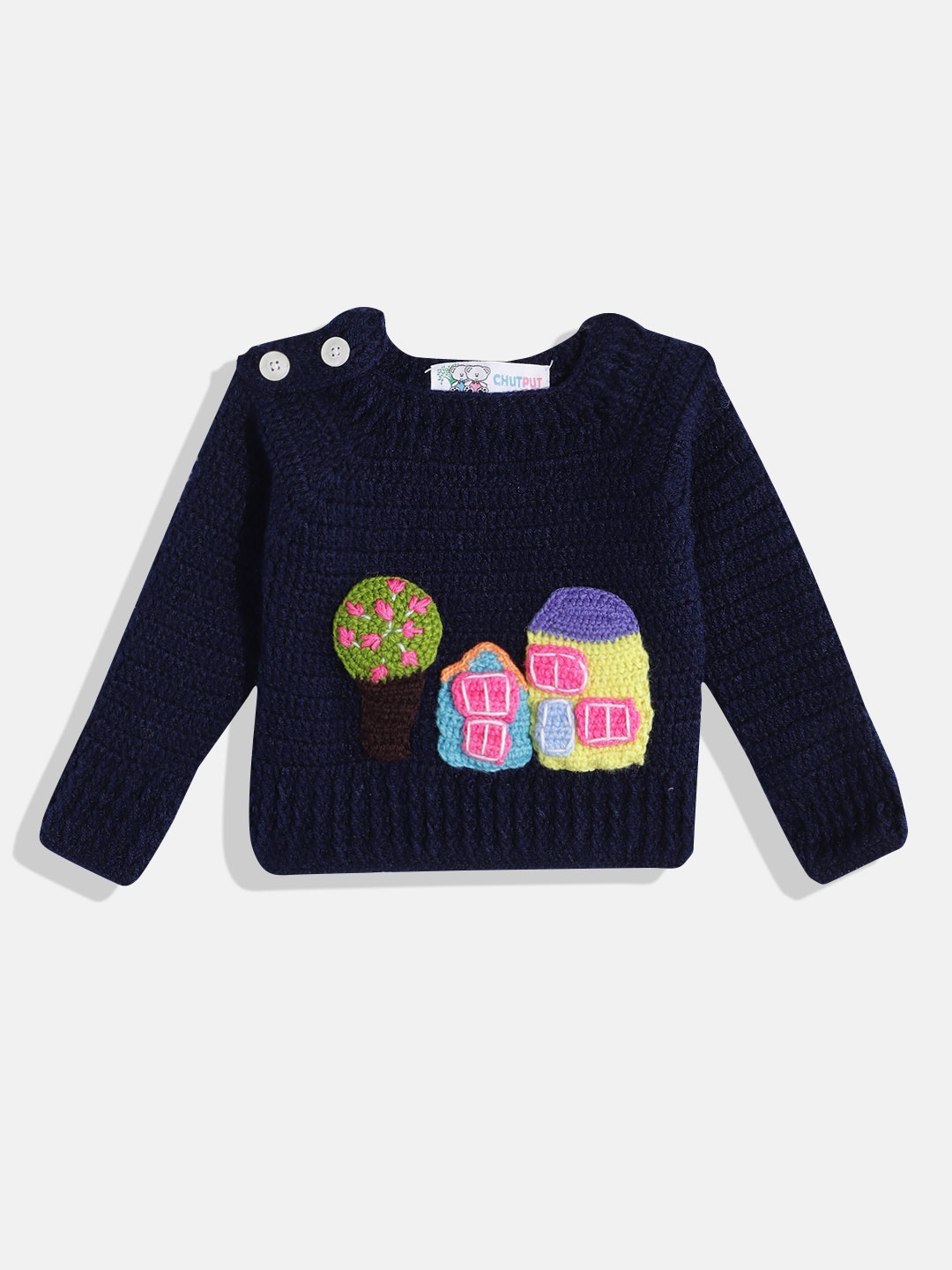 

CHUTPUT Kids Conversational Crochet Woollen Pullover, Navy blue