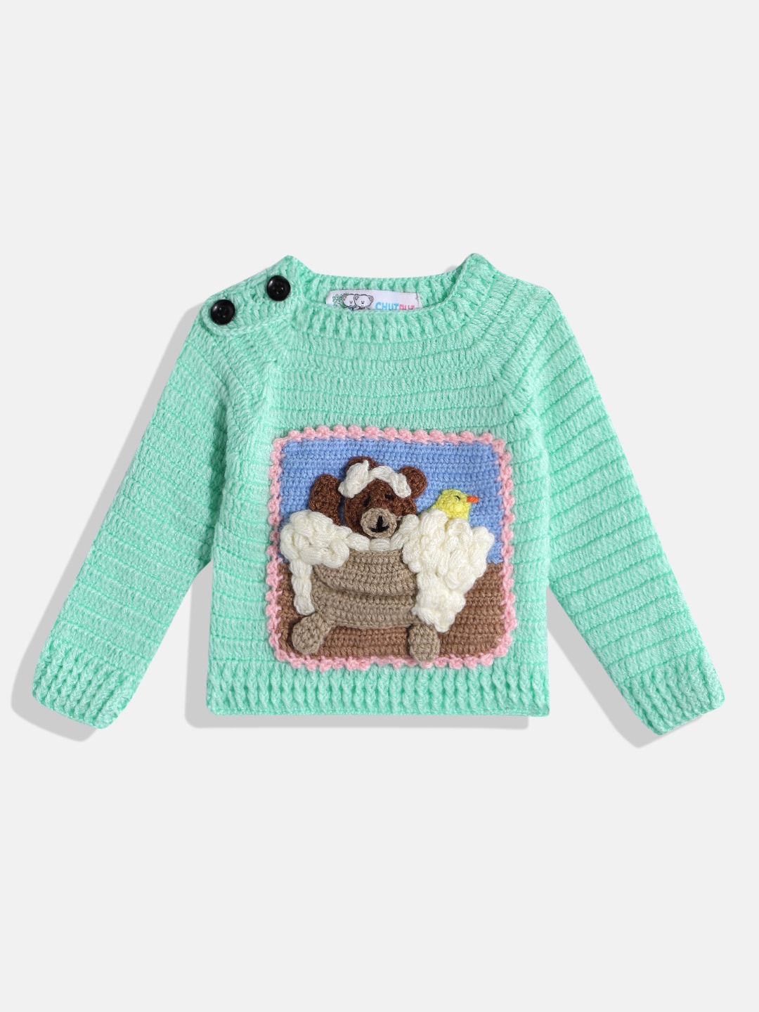 

CHUTPUT Kids Conversational Crochet Woollen Pullover, Sea green