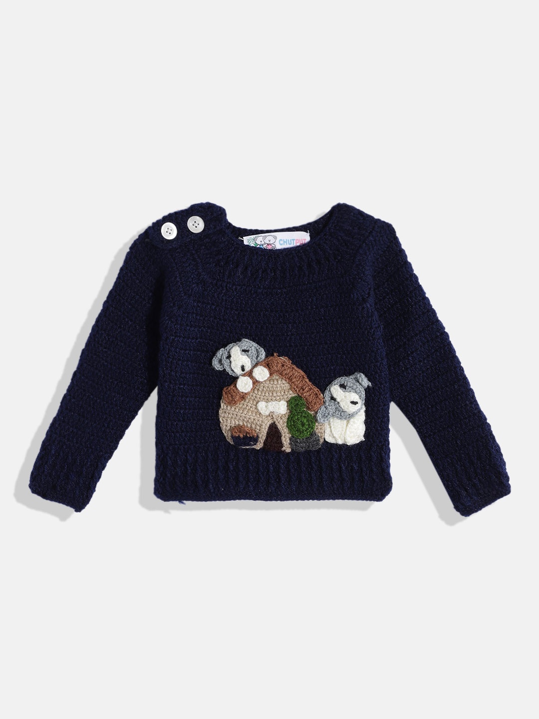 

CHUTPUT Unisex Kids Knitted Woollen Pullover with Embroidered Detail, Navy blue