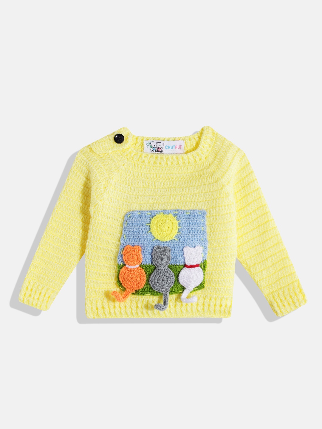 

CHUTPUT Unisex Kids Knitted Woollen Pullover with Embroidered Detail, Yellow