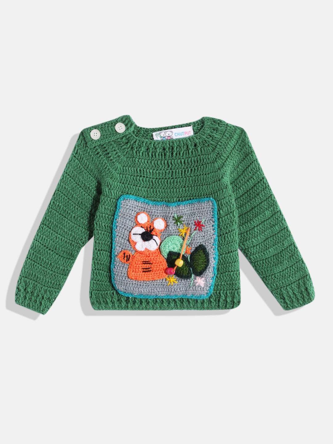 

CHUTPUT Unisex Kids Woollen Pullover with Embroidered Detail, Green