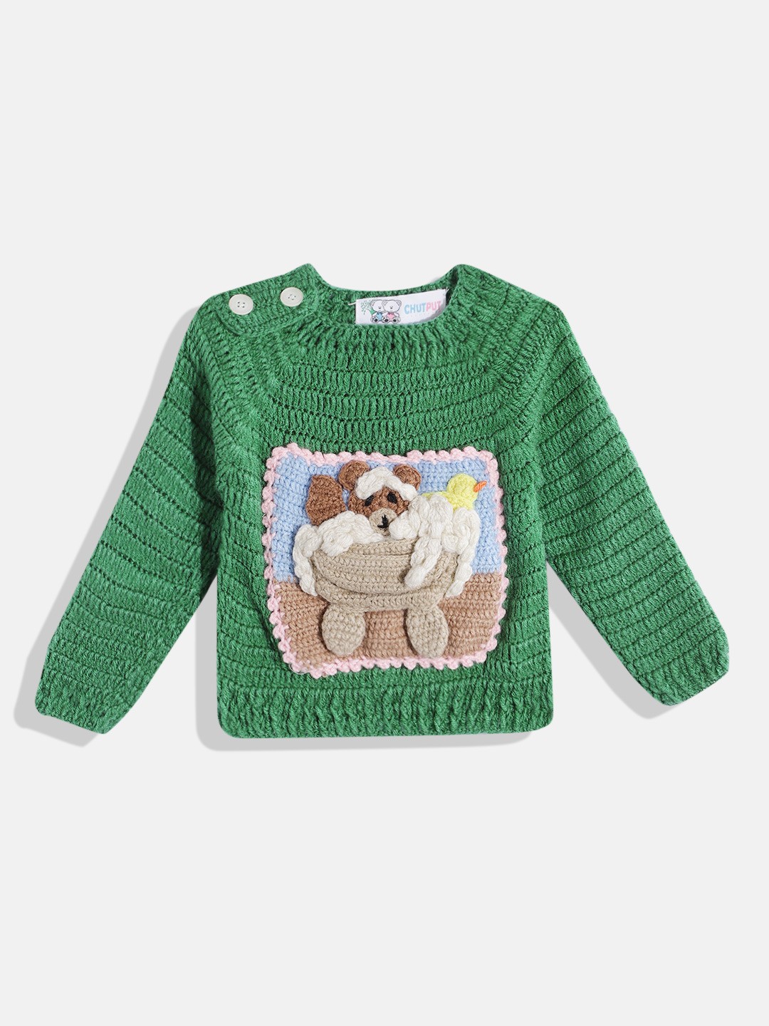 

CHUTPUT Unisex Kids Woollen Pullover with Embroidered Detail, Green