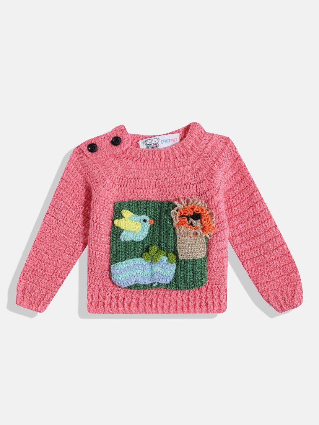 CHUTPUT Unisex Kids Woollen Pullover with Embroidered Detail, Pink