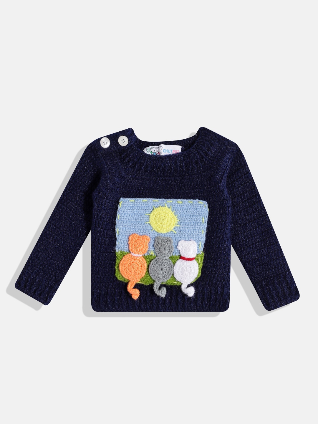 

CHUTPUT Unisex Kids Woollen Pullover with Embroidered Detail, Navy blue