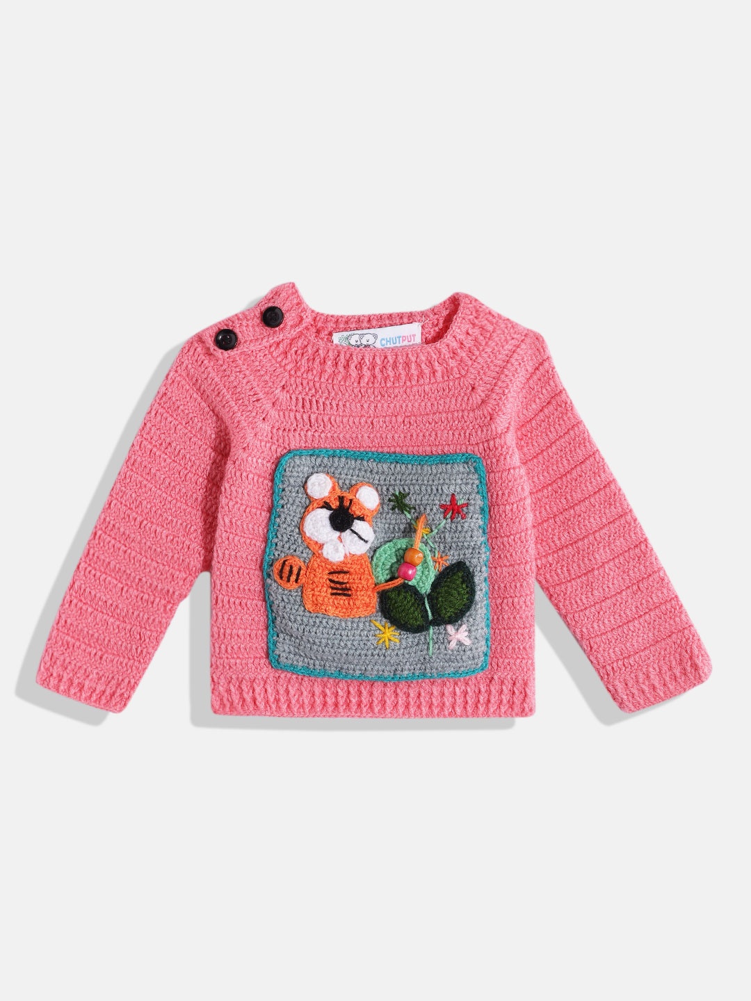 

CHUTPUT Unisex Kids Woollen Pullover with Embroidered Detail, Pink