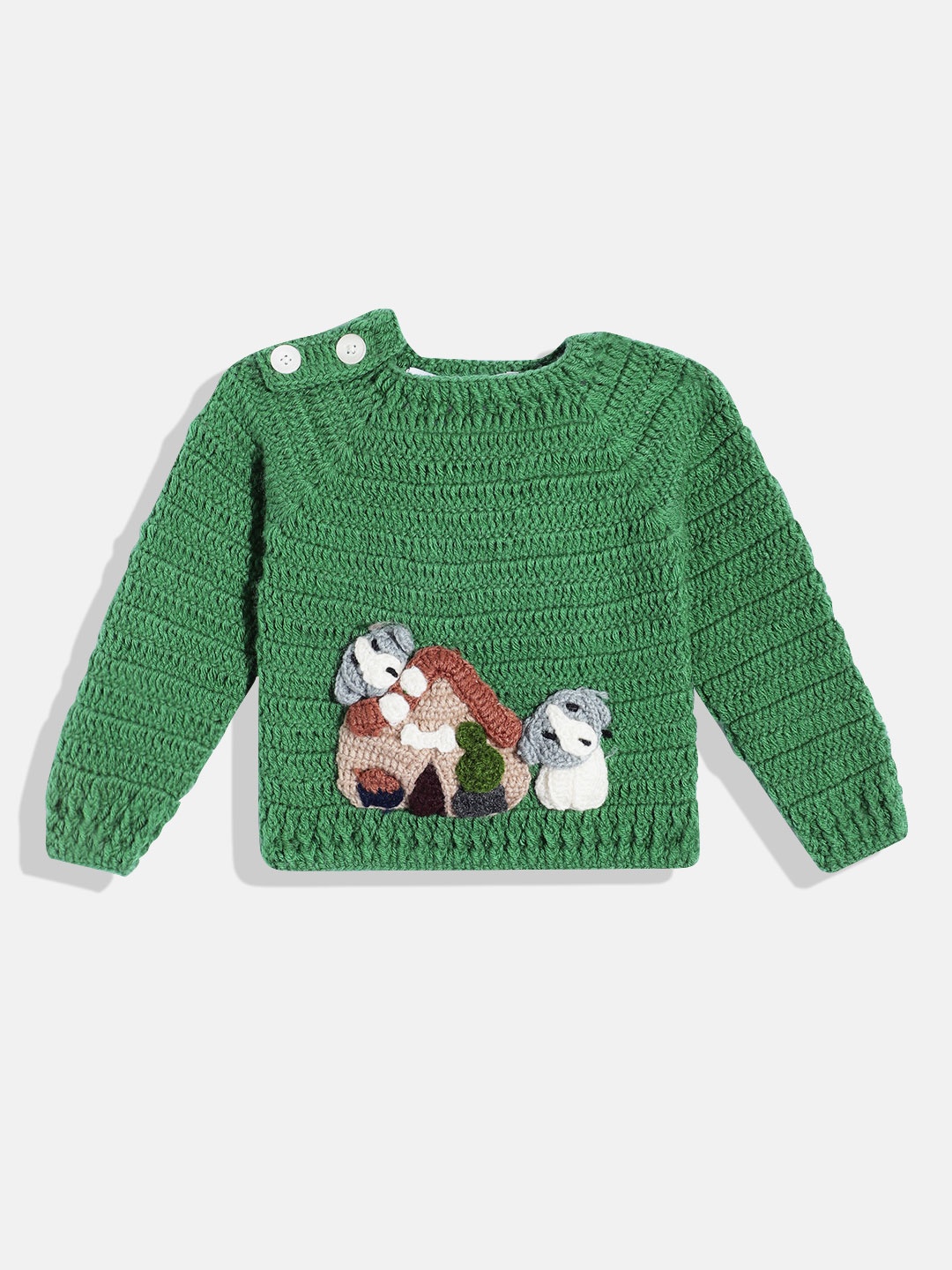 

CHUTPUT Kids Conversational Crochet Woollen Pullover, Green