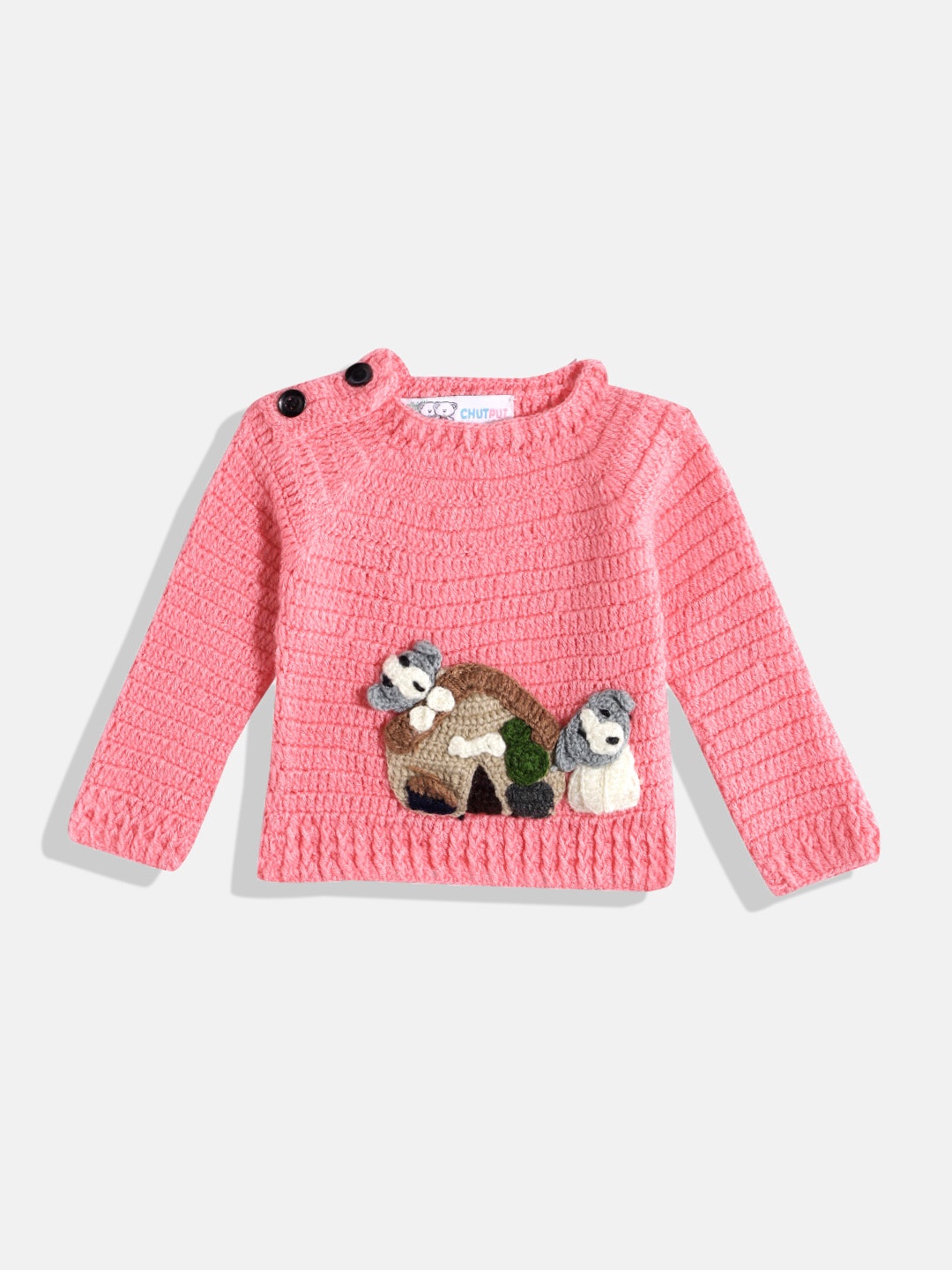 CHUTPUT Kids Conversational Crochet Woollen Pullover, Pink