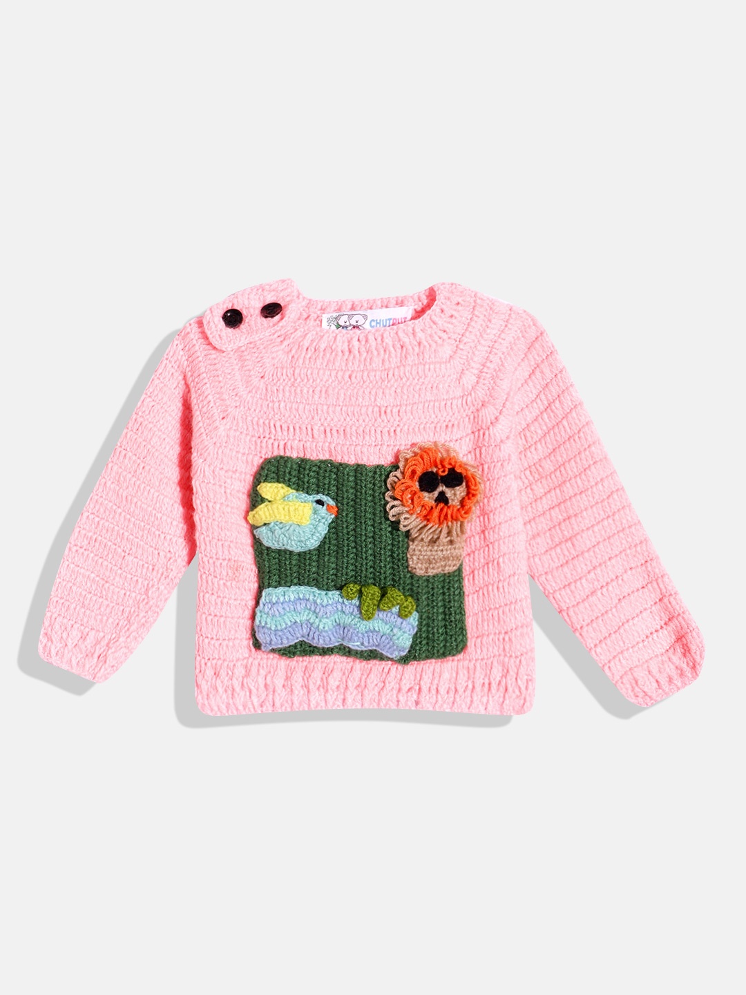 

CHUTPUT Kids Conversational Crochet Woollen Pullover, Pink