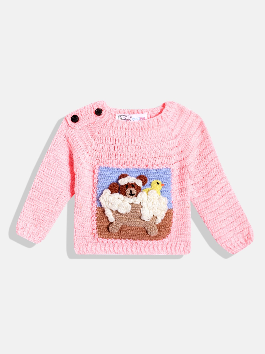 

CHUTPUT Kids Conversational Crochet Woollen Pullover, Pink