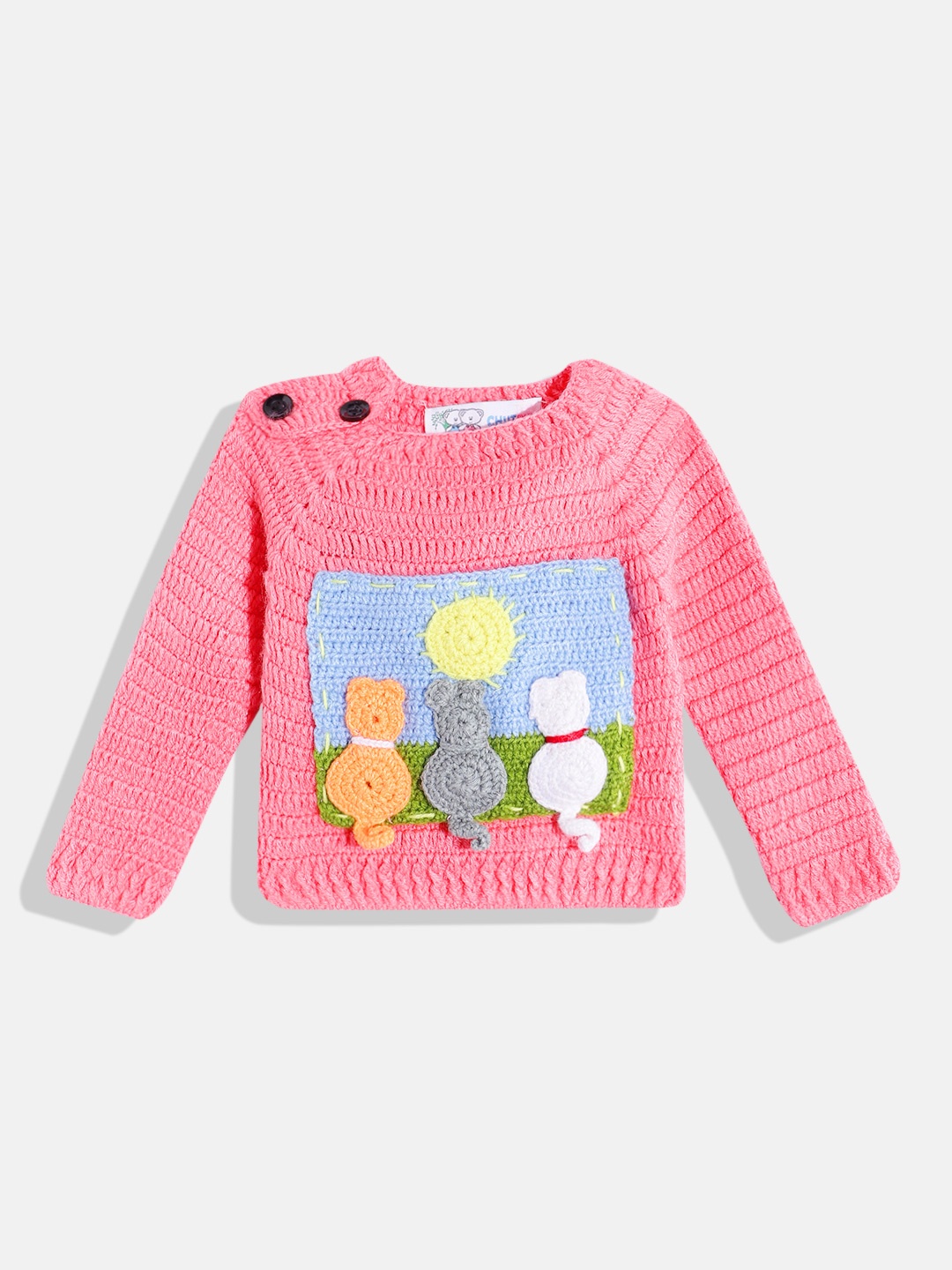 

CHUTPUT Kids Conversational Crochet Woollen Pullover, Pink