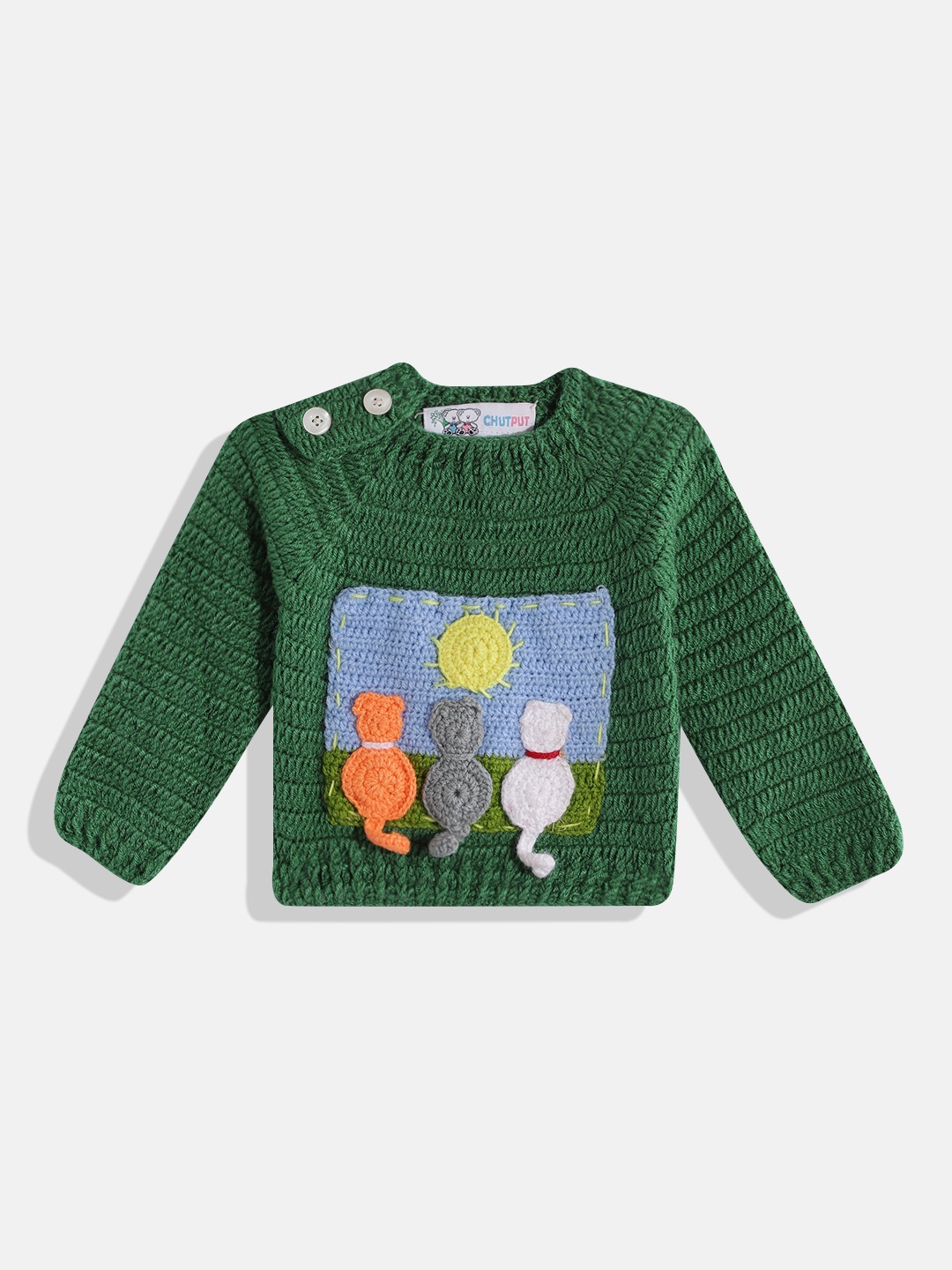 

CHUTPUT Kids Conversational Crochet Woollen Pullover, Green