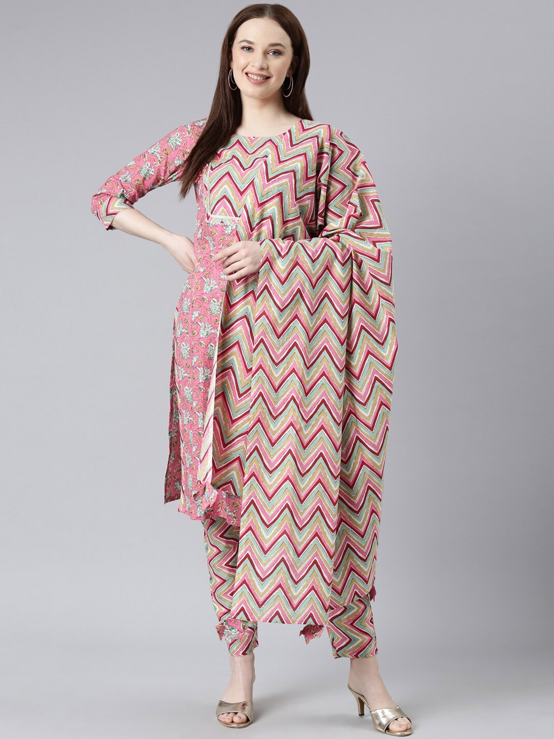 

KALINI Floral Printed Pure Cotton Kurta With Trousers & Dupatta, Pink