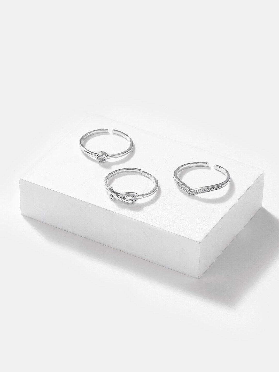 

SHAYA Set Of 3 925 Sterling Silver Rhodium-Plated CZ-Studded Finger Rings