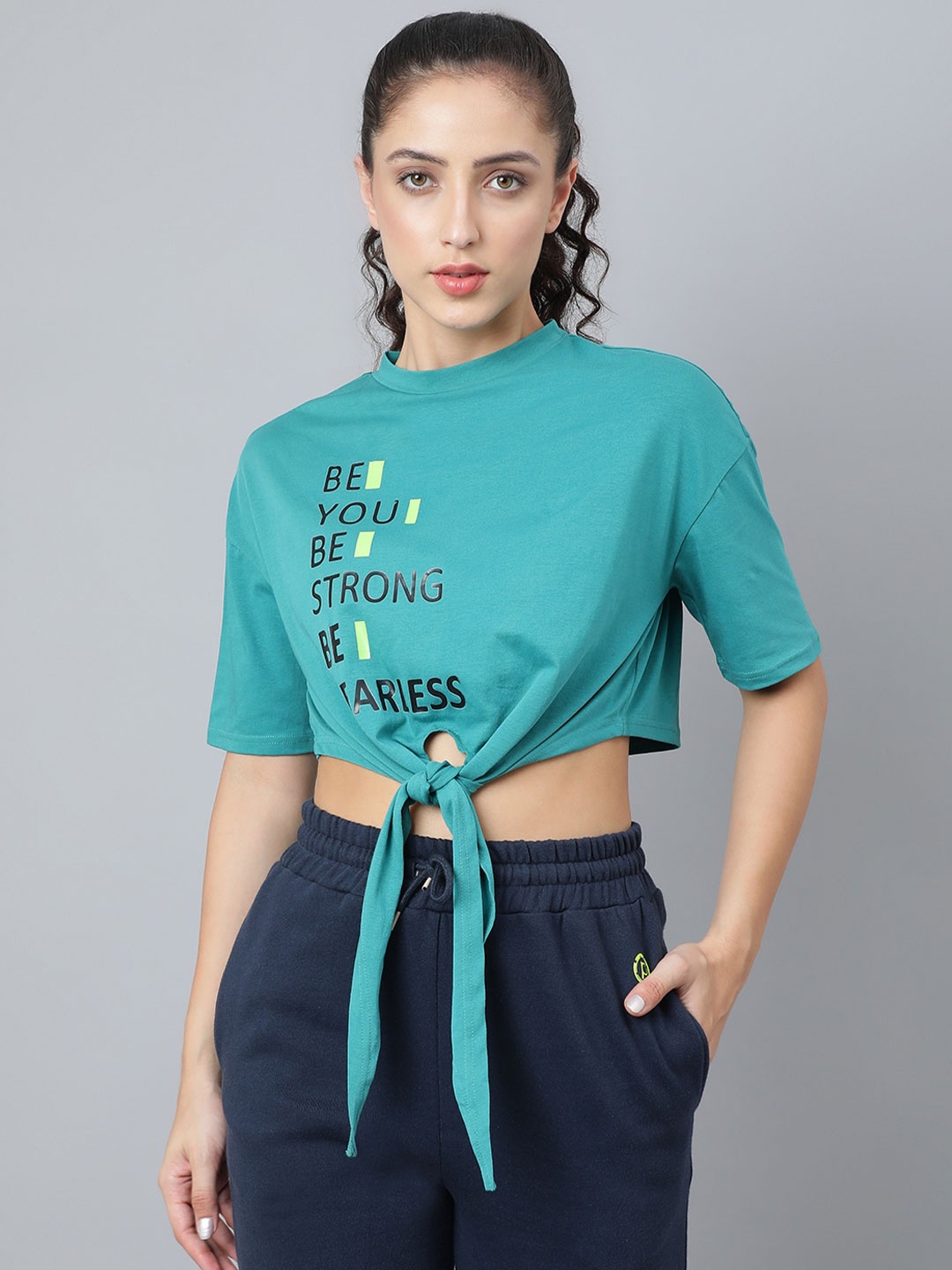 

Pritla Typography Printed Waist Tie-up Casual Organic Cotton Crop Top, Teal