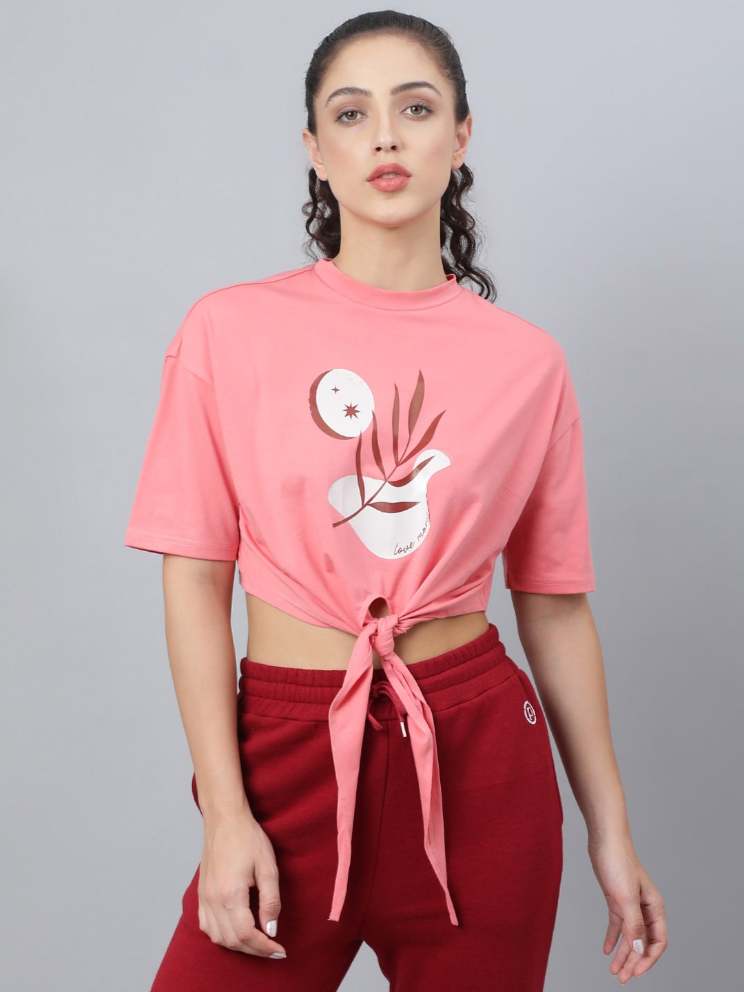 

Pritla Graphic Printed Organic Boxy Cotton Tie-up Crop Top, Pink