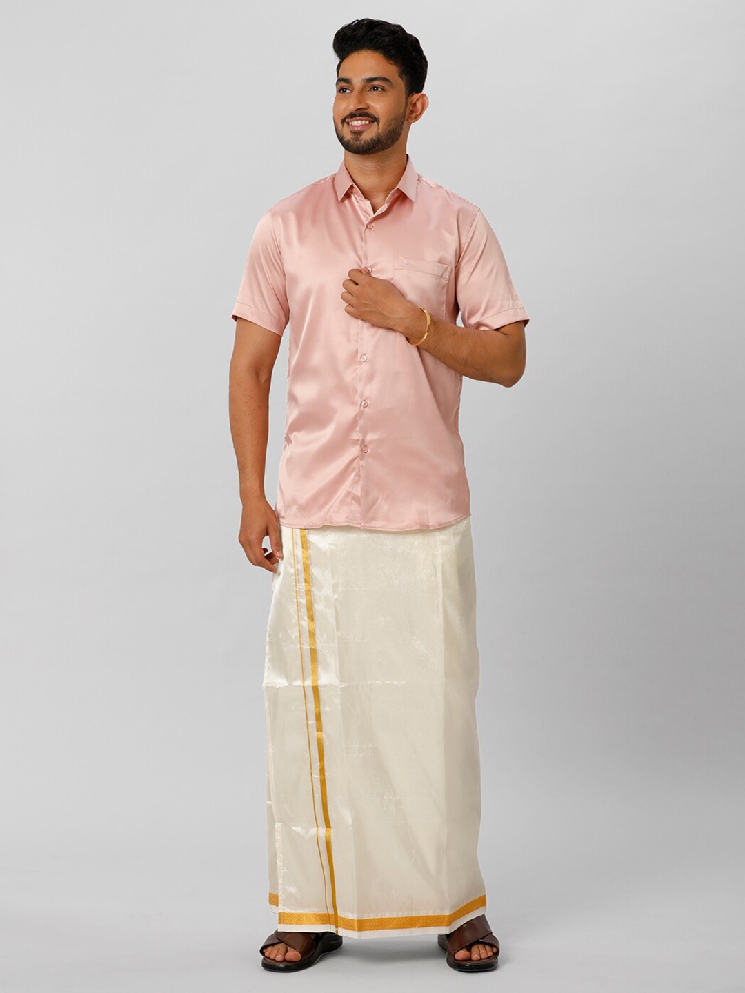 

Ramraj Shirt Half Sleeves With Double Dhoti, Pink