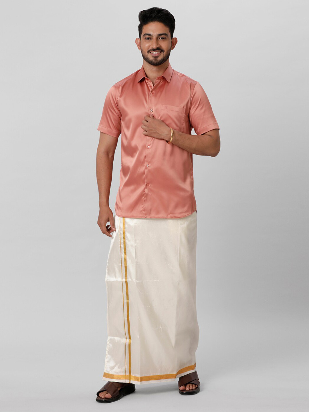 

Ramraj Shirt Half Sleeves With Double Dhoti, Peach