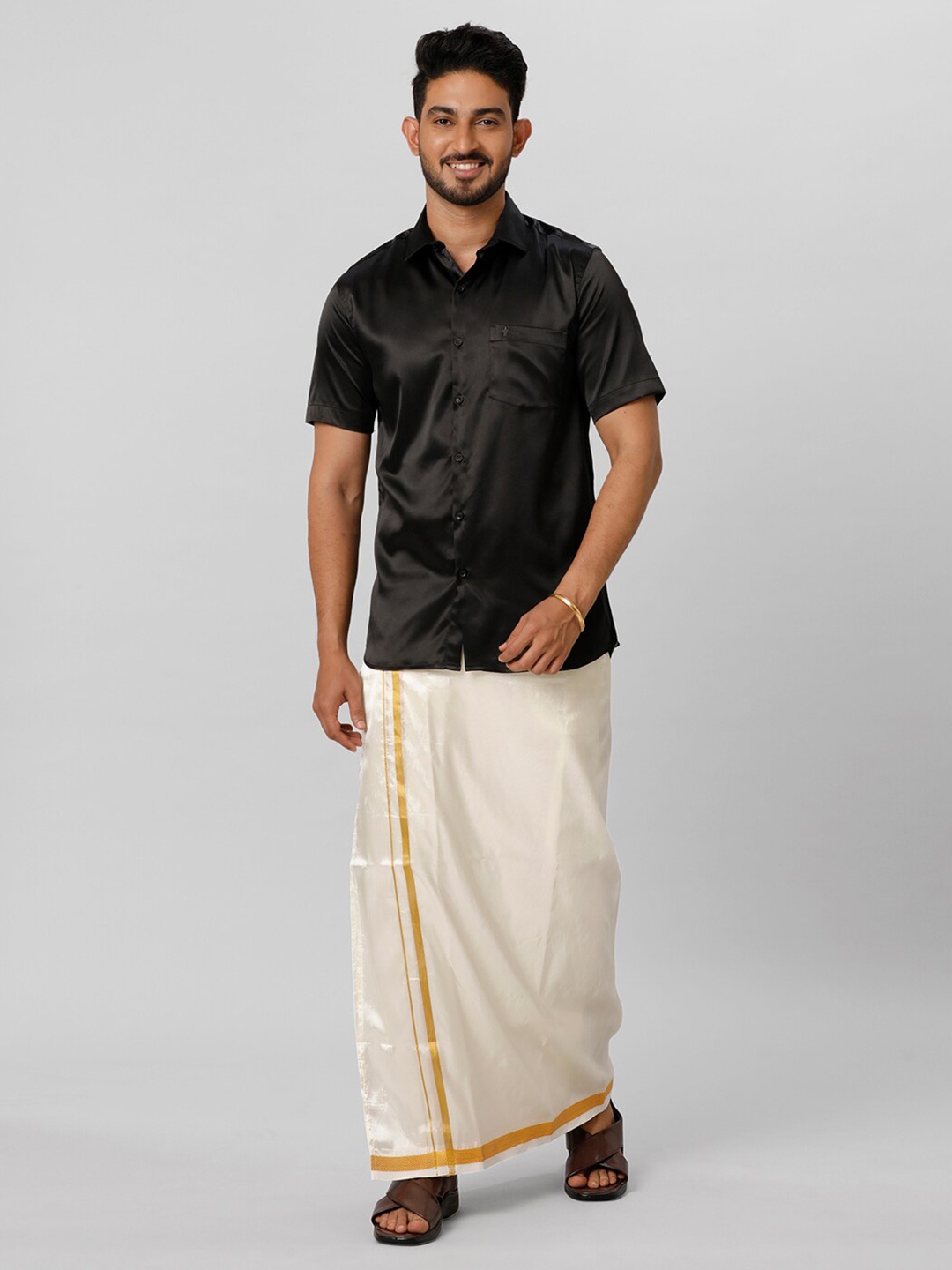 

Ramraj Half Sleeves Shirt With Double Dhoti, Black